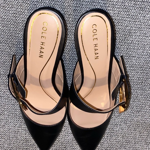 COLE HAAN Kitten Heel Mules with Gold Buckle - Picture 9 of 16